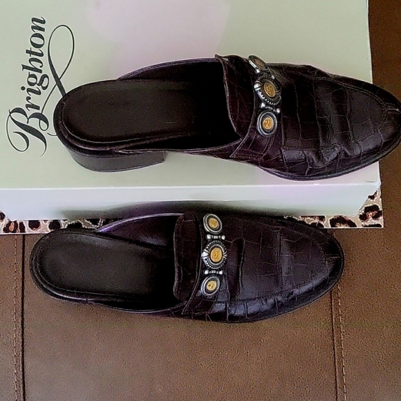Vintage 90's Brighton Fizz Mule Brown Crocodile Coin Motif Leather 7. 5 N - Picture 2 of 5